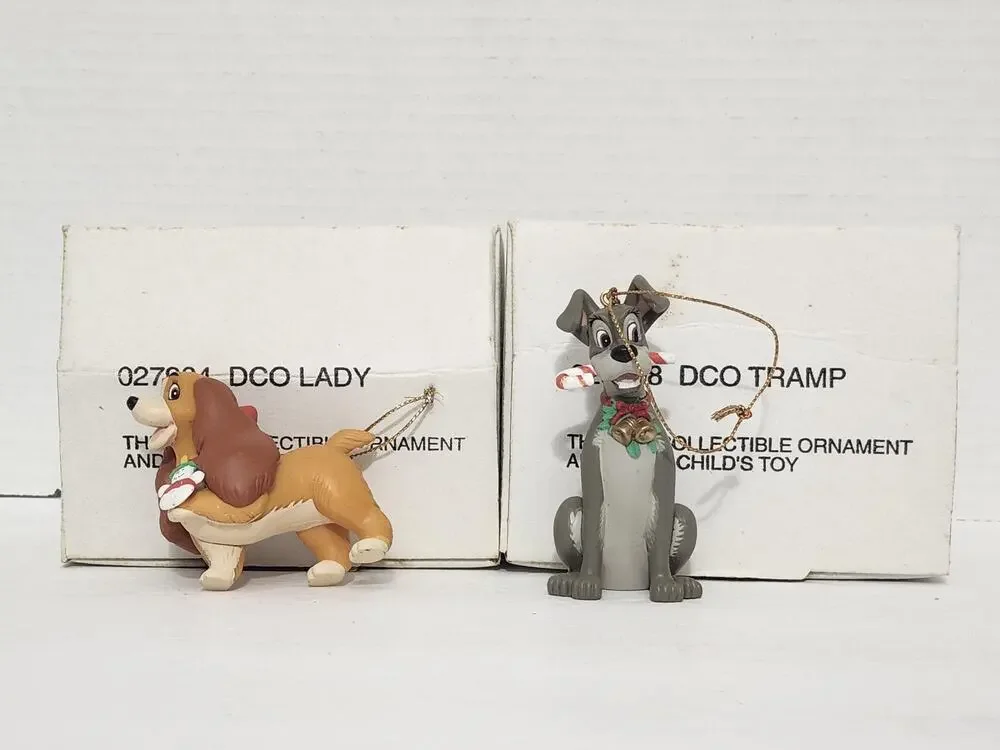 Vintage Disney Lady and the Tramp Christmas Ornament Pair Boxed Tree Set